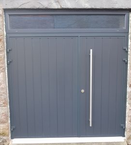 CarTeck insulated side-hinged doors in Anthracite Grey vertical rib in one third two third split with long pull handle