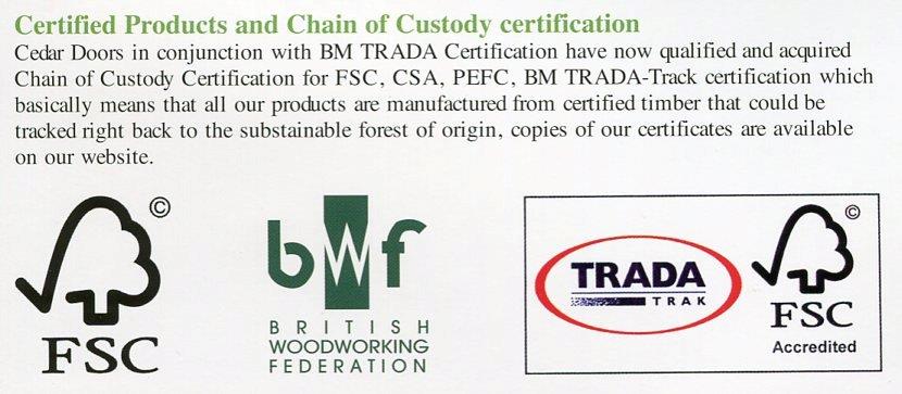 Photo of Cedar Door's certifications including the FSC, CSA, PEFC and BM TRADA-track