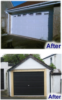 Before and after pictures of some garage doors installed by Arridge