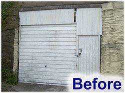 Picture of transformation of an old garage door to a smart new roller door