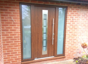D: Hormann Thermo46 TPS750 front entrance door in Dark Oak finish with two glazed side elements